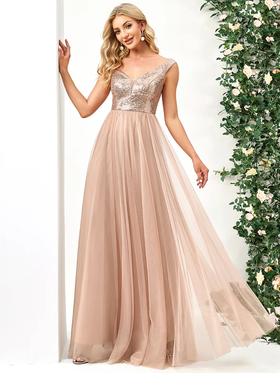 Wholesale High Waist Tulle & Sequin Sleeveless Evening Dress