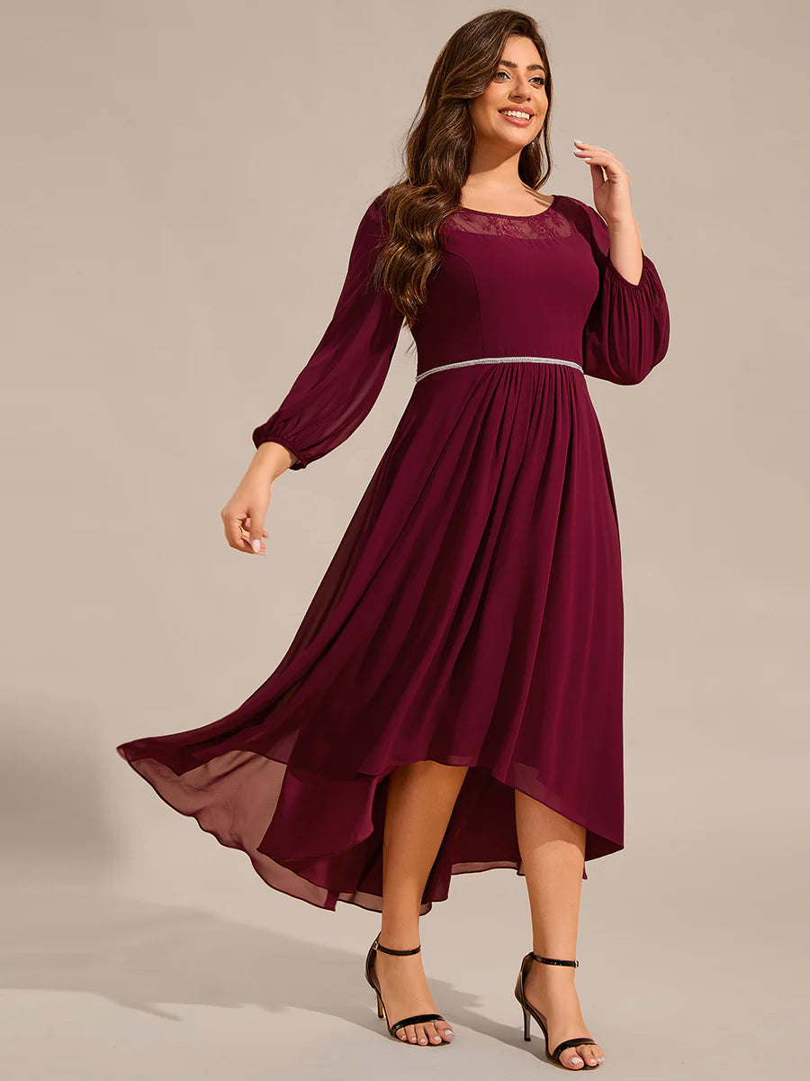 Plus Size Elegant Round Neck Smocking Midi Length Chiffon Wedding Guest Dresses with Asymmetrical Hem