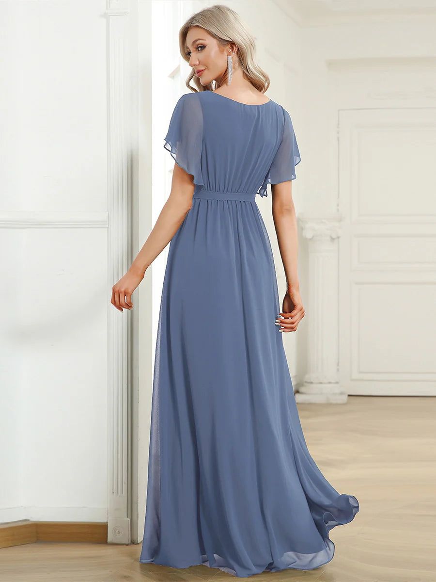 A Line Wholesale Evening Dresses with Deep V Neck Ruffles Sleeves
