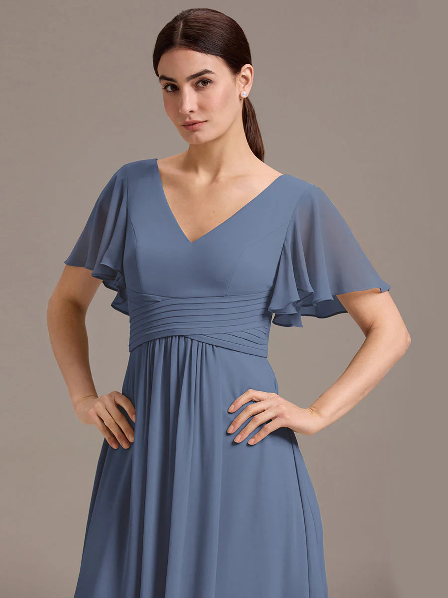 Wholesale | Customizable Double V-Neck Ruffled-Sleeve A-Line Chiffon Dress