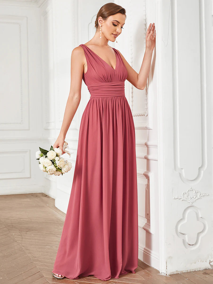 Elegant Double V-Neck Maxi Long Wholesale Bridesmaid Dresses