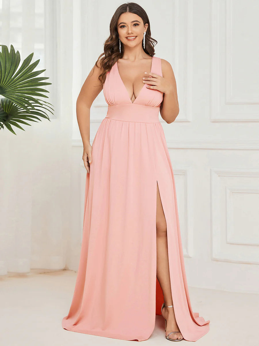 Plus Sleeveless Wholesale Bridesmaid Dresses with Deep V Neck and A Line
