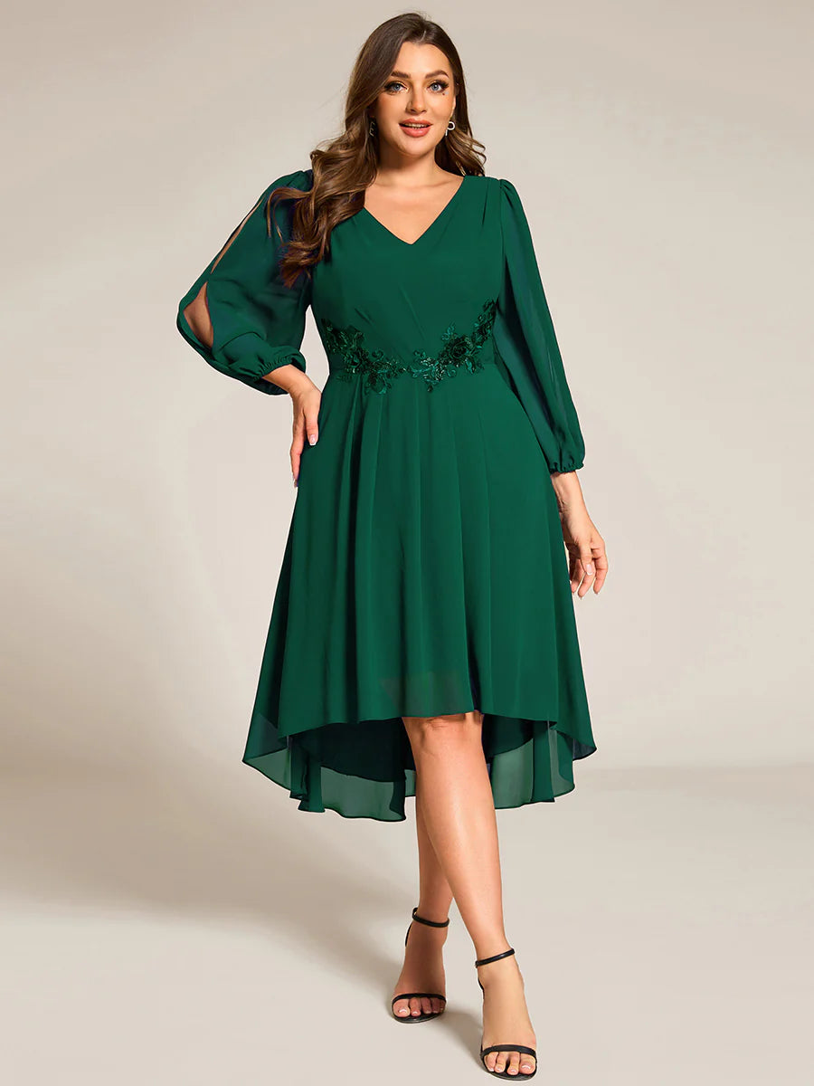 Plus Size Elegant Lantern Sleeve Applique Empire Waist Midi-Length Chiffon Evening Dresses with Asymmetrical Hem