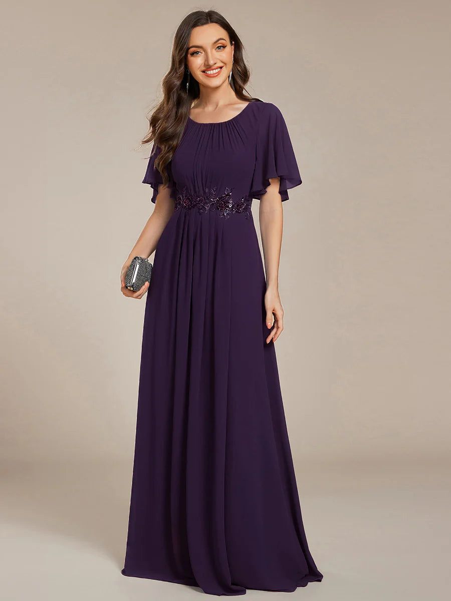 Short Sleeves Pleated Applique A-Line Floor-Length Formal Evening Dress