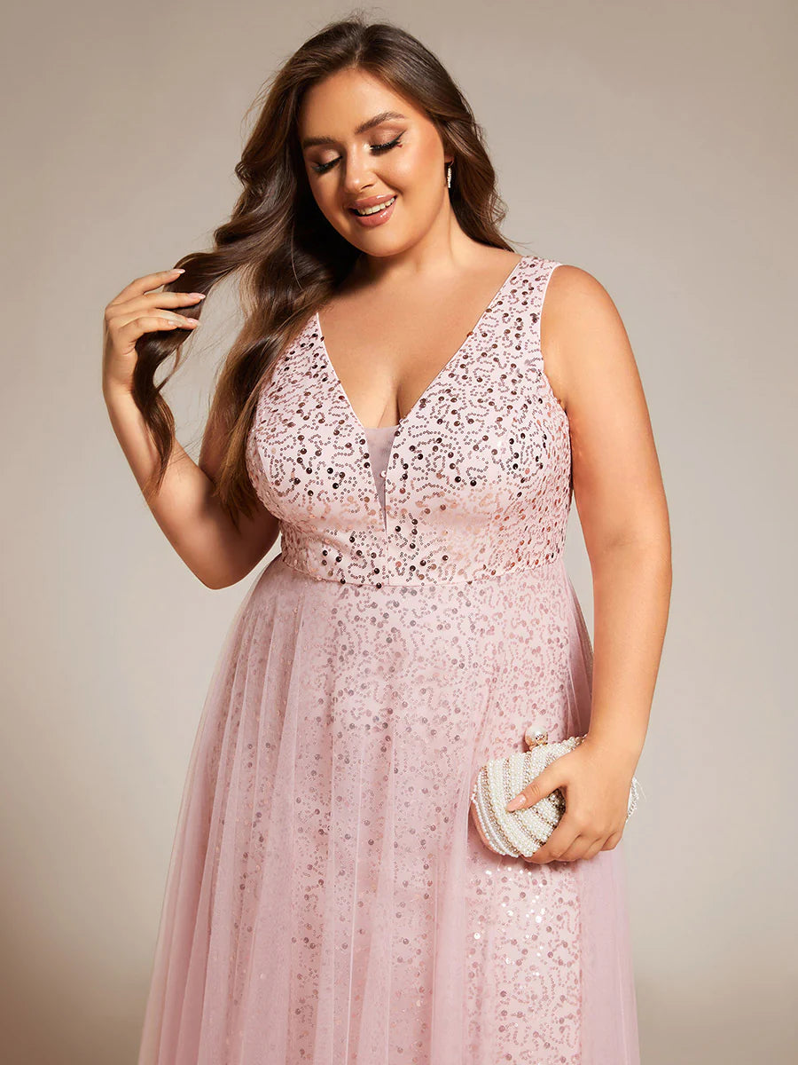 Elegant Plus Size V-Neck Backless Sequin Evening Dress with Sleeveless