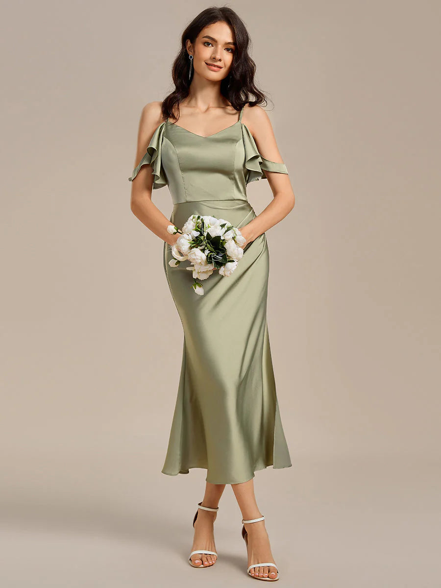 Bulk Custom Made Sleeveless Deep V-Neck Mermaid Midi Dress with Flowing Ribbon Bridesmaid dresses