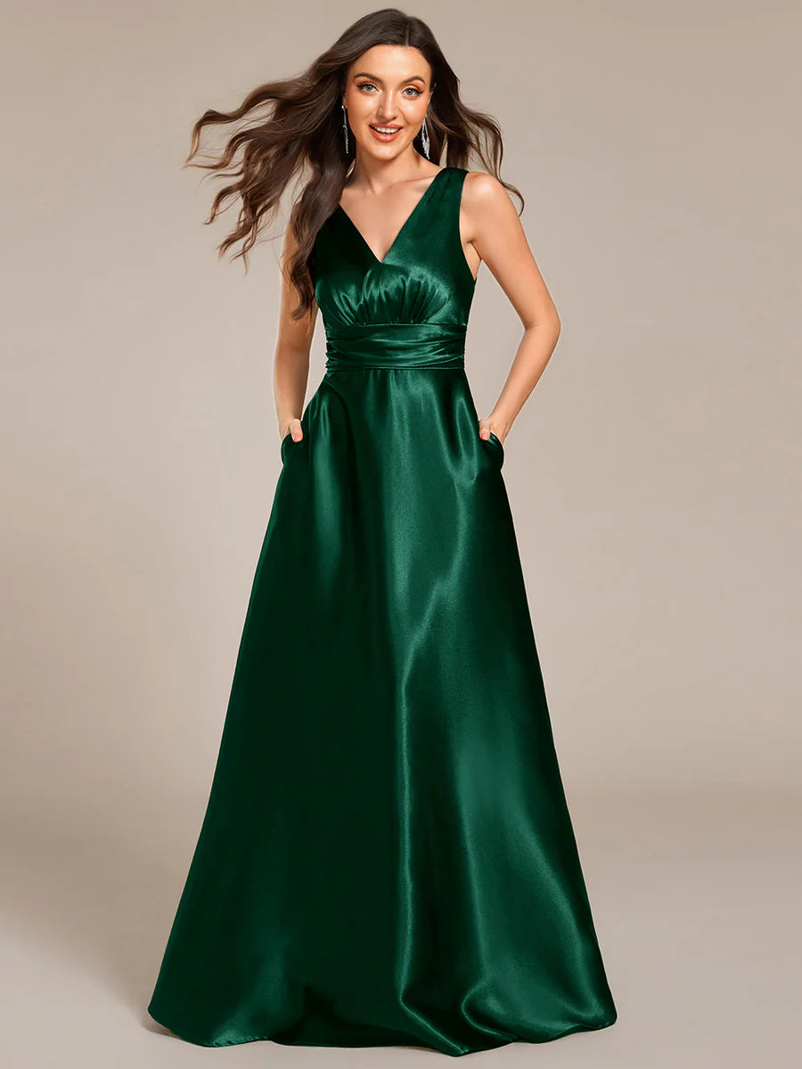 Elegant Deep V-Neck Floor Length Empire Waist Satin Bridesmaid Dresses with Pockets