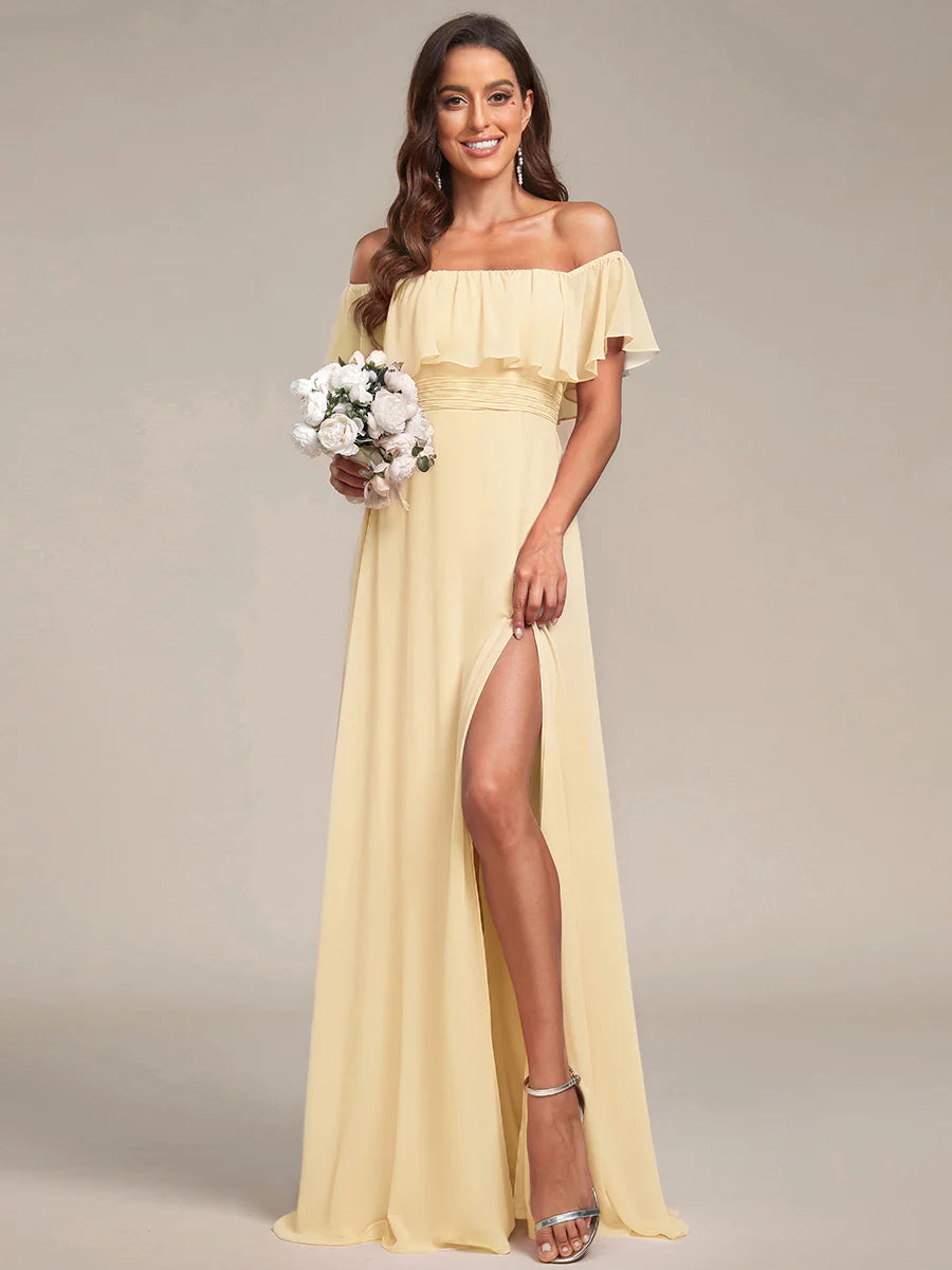 Off Shoulder Ruffle Thigh Split Wholesale Bridesmaid Dresses