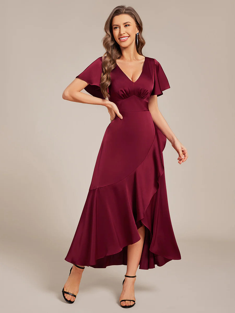 Short Sleeve Ruffled V-Neck Asymmetrical Hem Midi Bridesmaid Dress