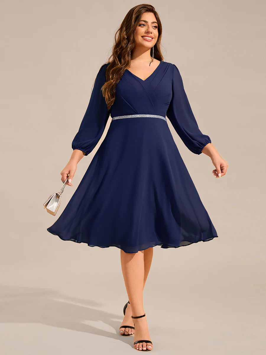 Plus Size Elegant Midi Length Long Lantern Sleeves Chiffon Wedding Guest Dresses