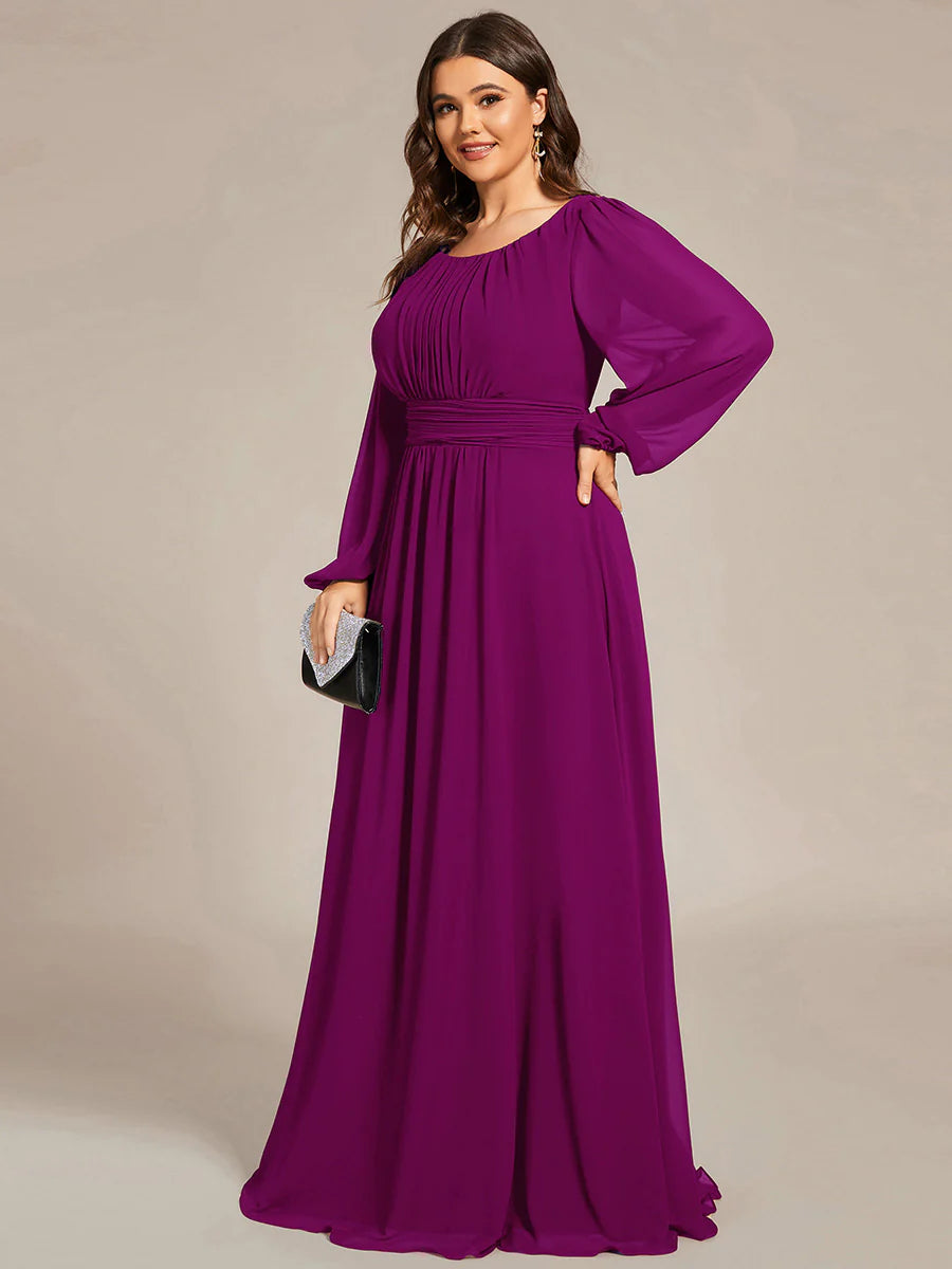 Plus Size Round Neck Wholesale Bridesmaid Dresses with Long Lantern Sleeves
