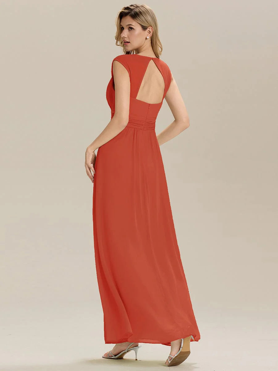 Custom Made Sleeveless Pleated Deep V-Neck A-Line Floor Length Dress; Bridesmaid Dresses