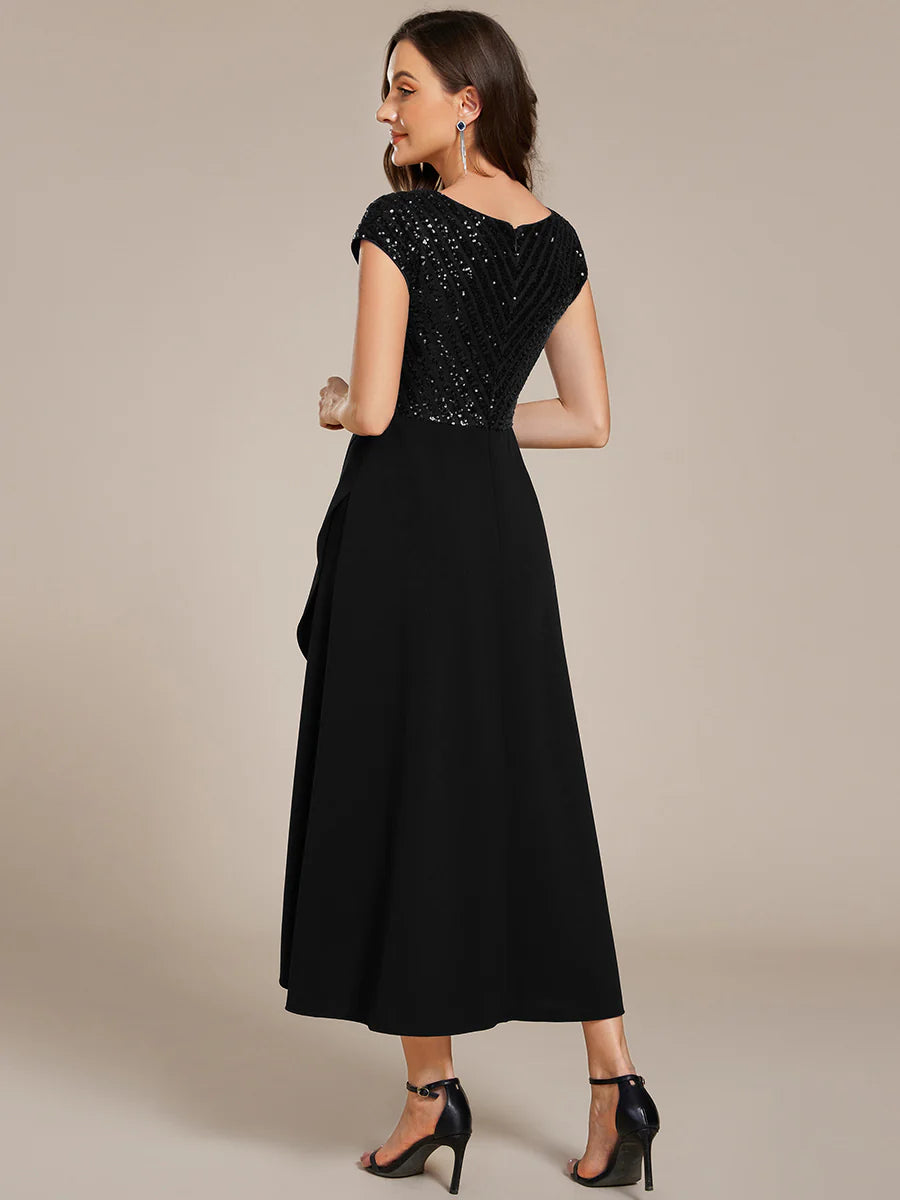 Asymmetrical Hem Short Sleeve V-Neck Formal Evening Dress with Paillette Detail