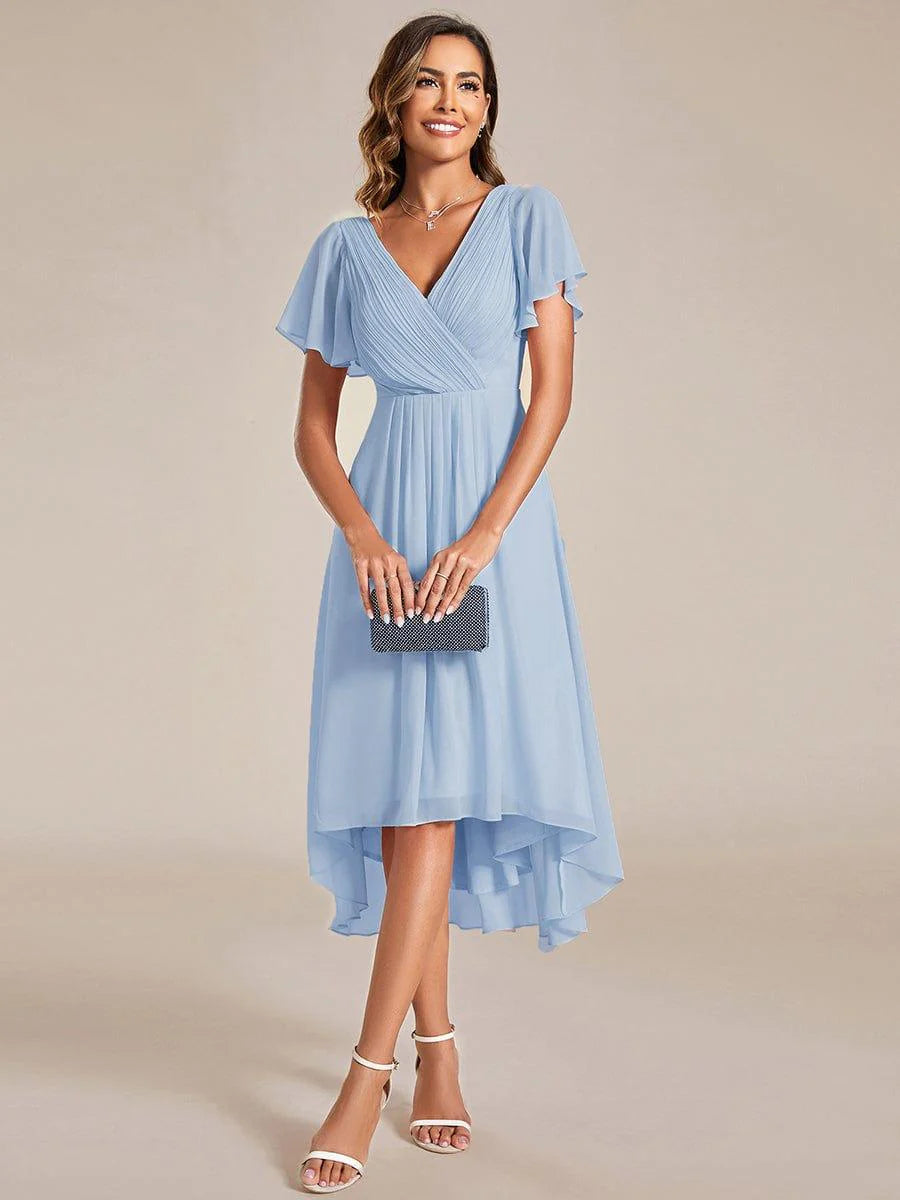 Chic V Neck High-Low Short Sleeve Wedding Guest Dress