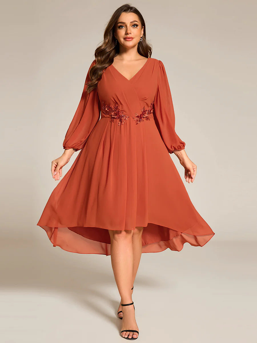 Plus Size Elegant Lantern Sleeve Applique Empire Waist Midi-Length Chiffon Evening Dresses with Asymmetrical Hem