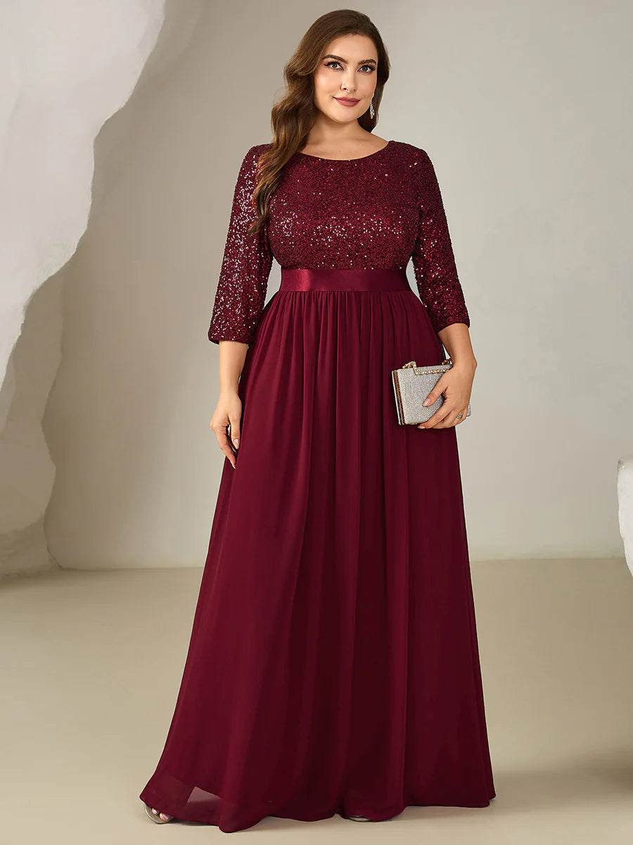 3/4 Sleeve Sequin Patchwork A-Line Floor Length Evening Dresses