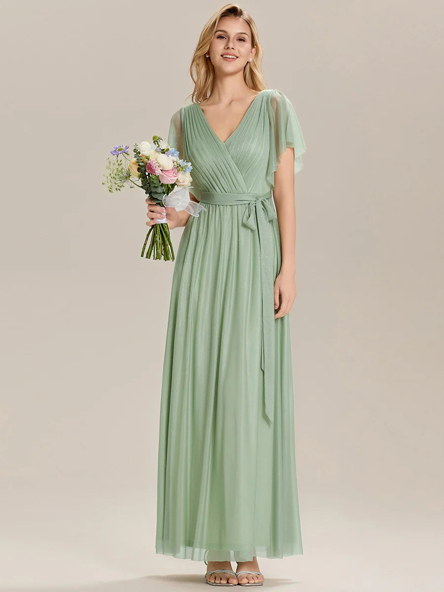 Short Sleeve Ruffle Deep V-Neck A-Line Floor Length Bridesmaid Dresses