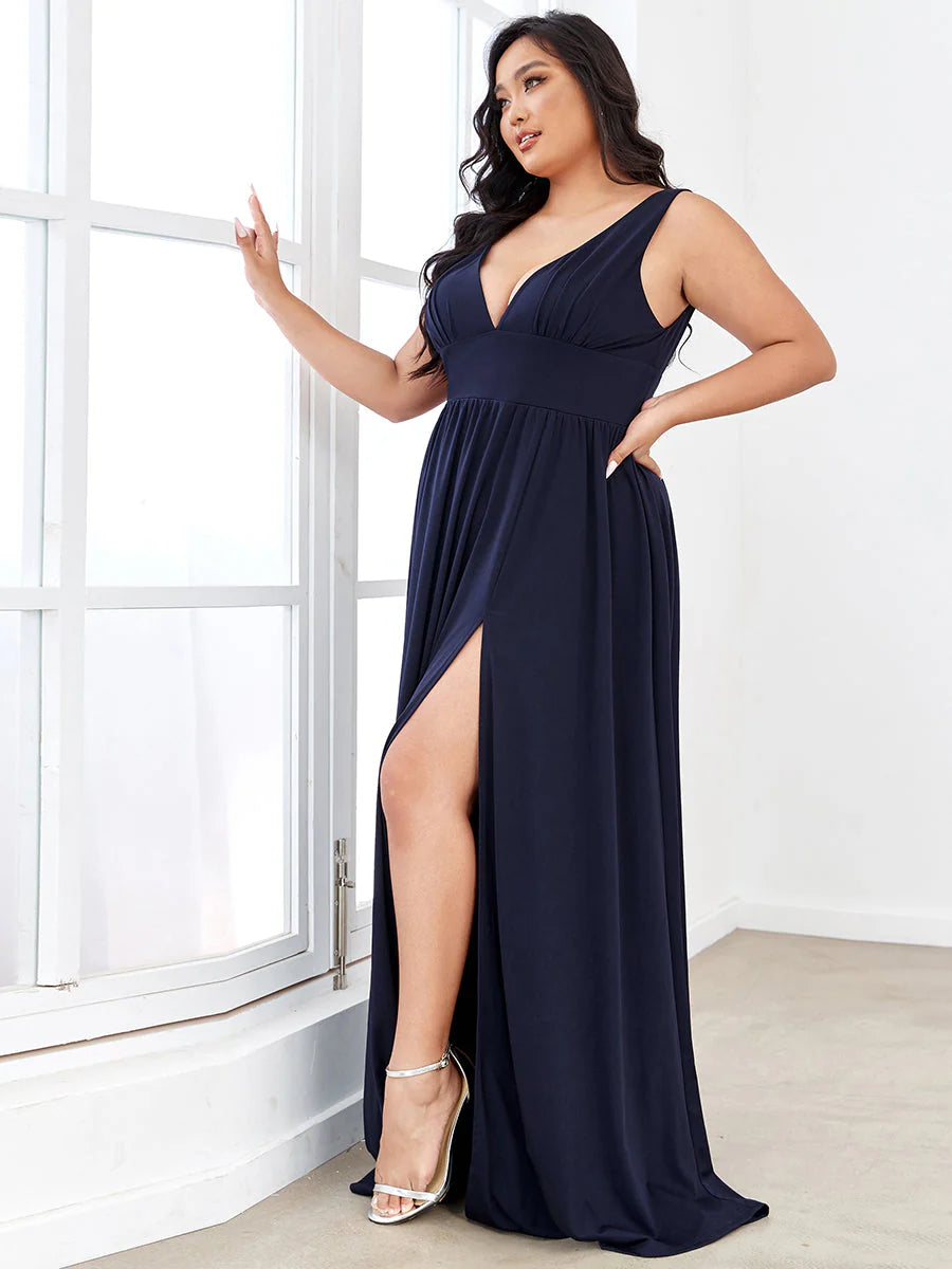 Plus Sleeveless Wholesale Bridesmaid Dresses with Deep V Neck and A Line