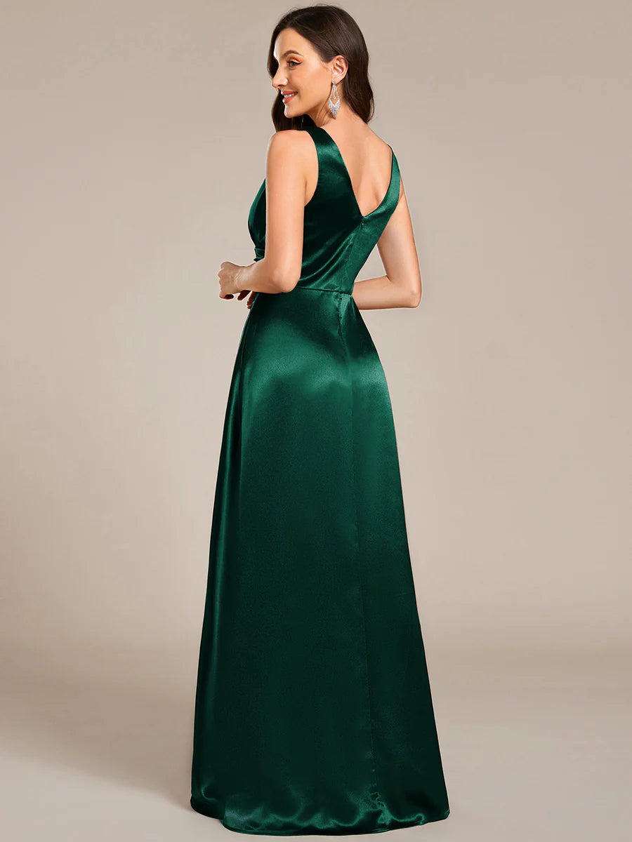Elegant Deep V-Neck Floor Length Empire Waist Satin Bridesmaid Dresses with Pockets