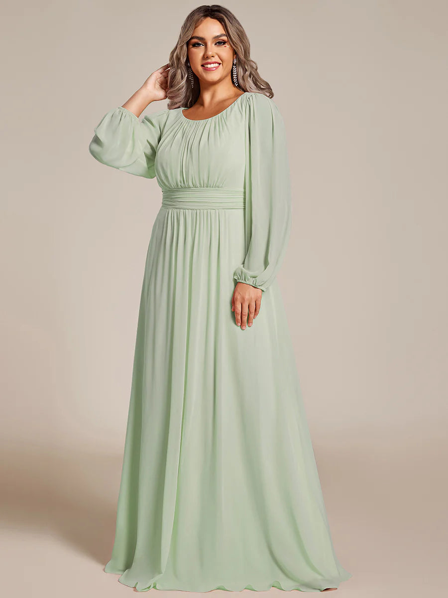 Plus Size Round Neck Wholesale Bridesmaid Dresses with Long Lantern Sleeves