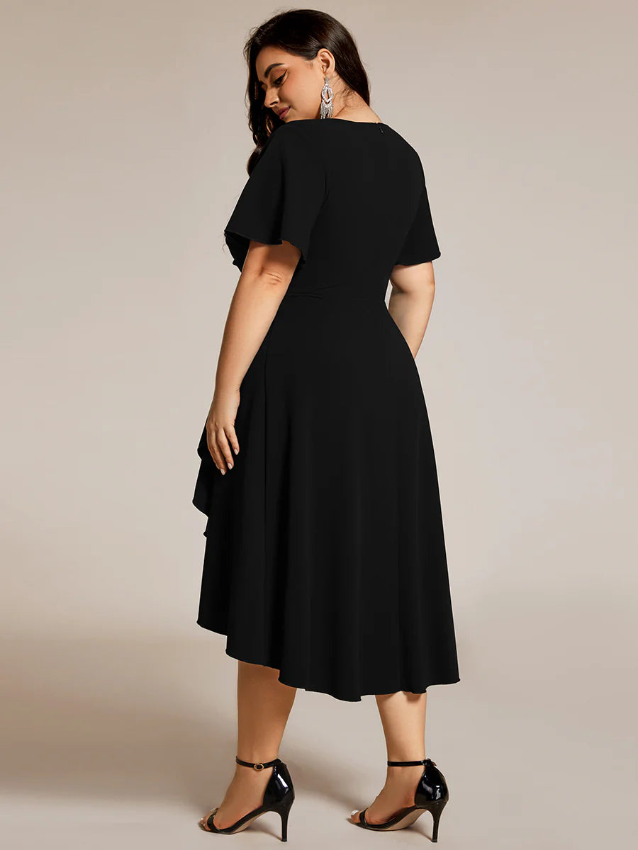 Plus Size Elegant Midi Length ruffles sleeve Twisted Wedding Guest Dresses with Regular Fold Stream