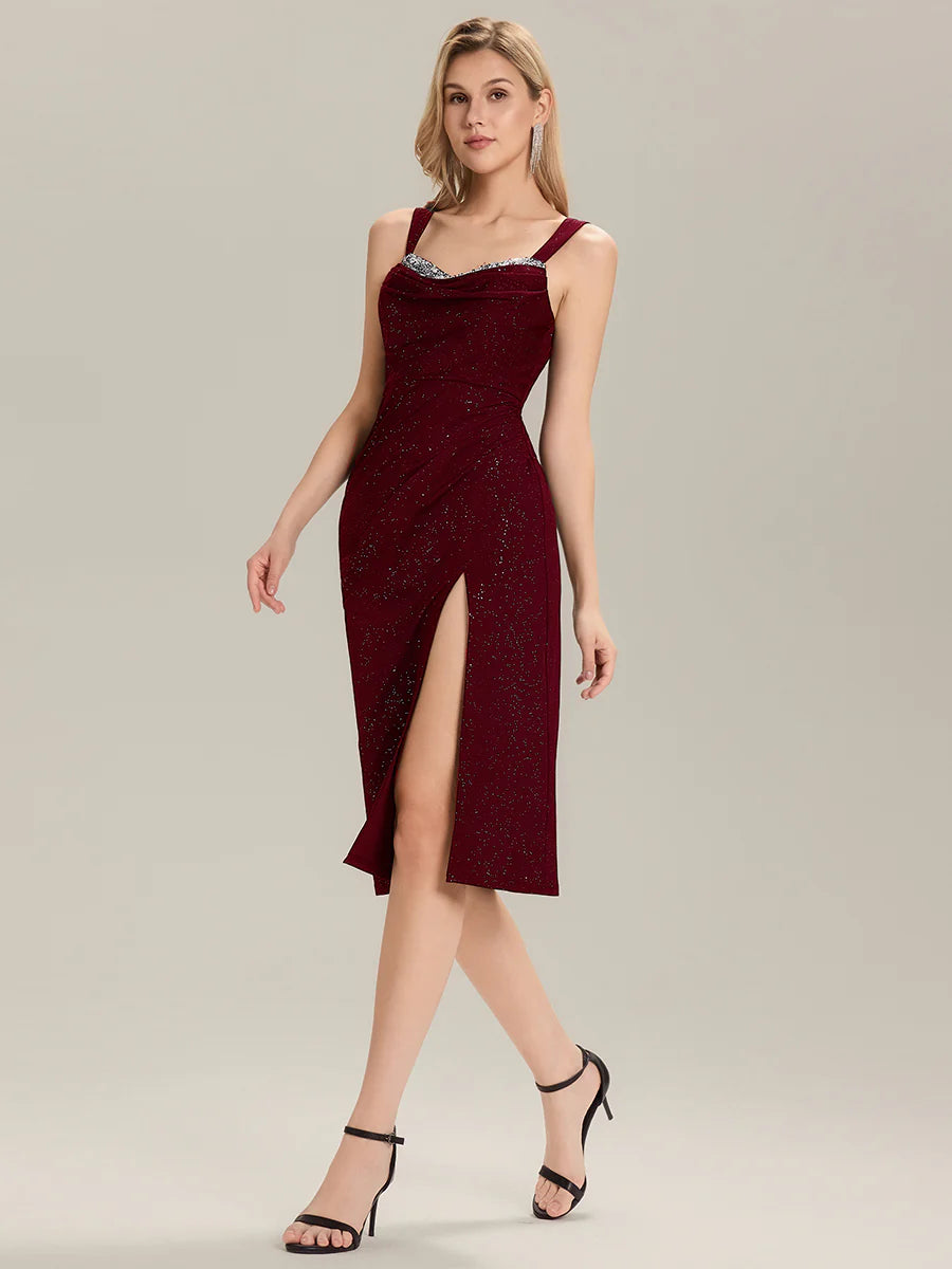 Versatile Off-Shoulder High-Stretch Fitted Midi Dress with Thigh-High Slit Gown