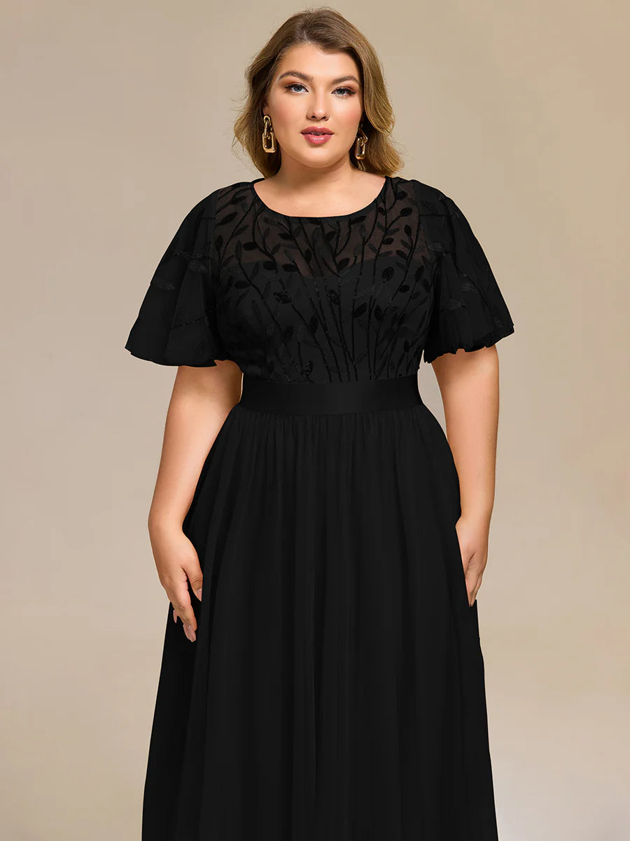 Bulk Order | Plus Size Fit A-Line Deep V-Neck Evening Gown | Ruffled Short Sleeve Midi Dress