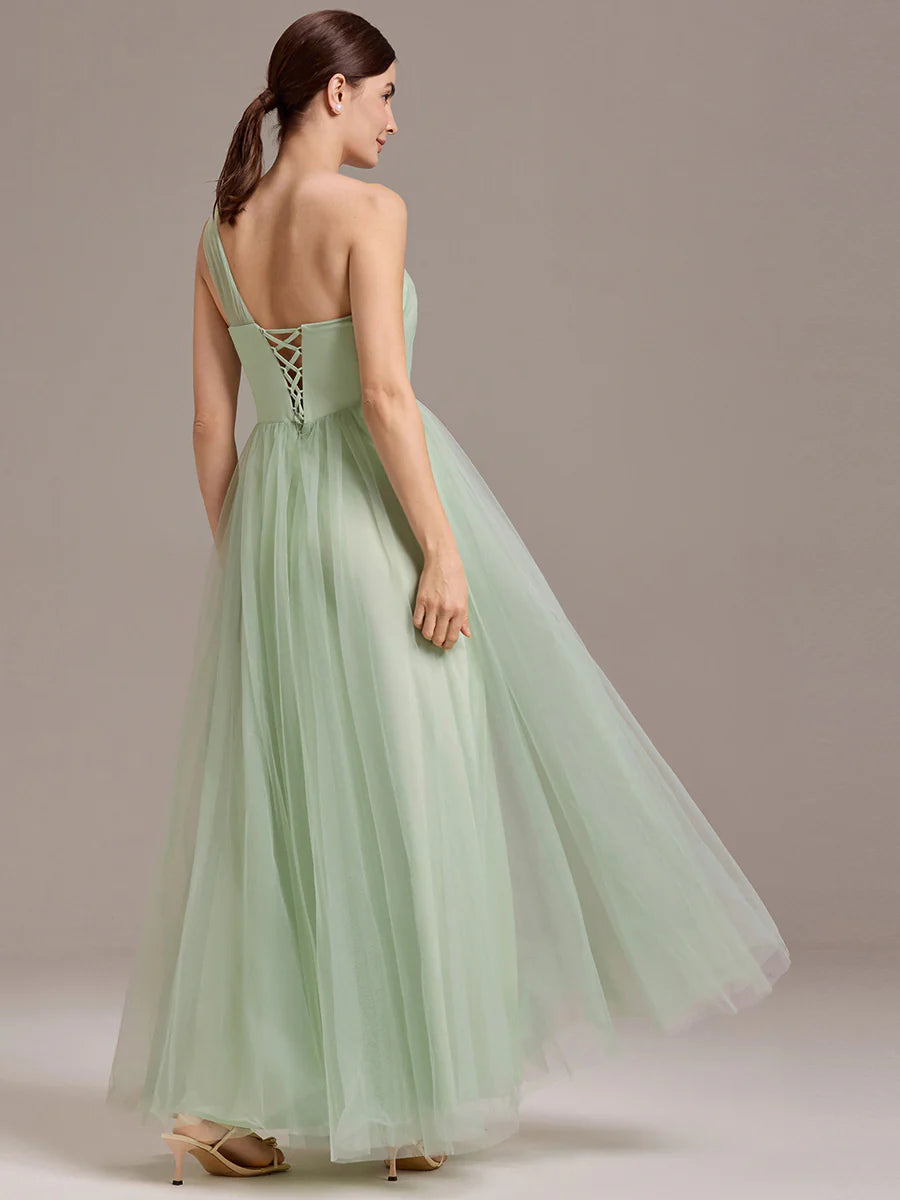 Sleeveless Asymmetrical A-Line Floor Length Dress with Thigh-High Slit, Bridesmaid Dresses