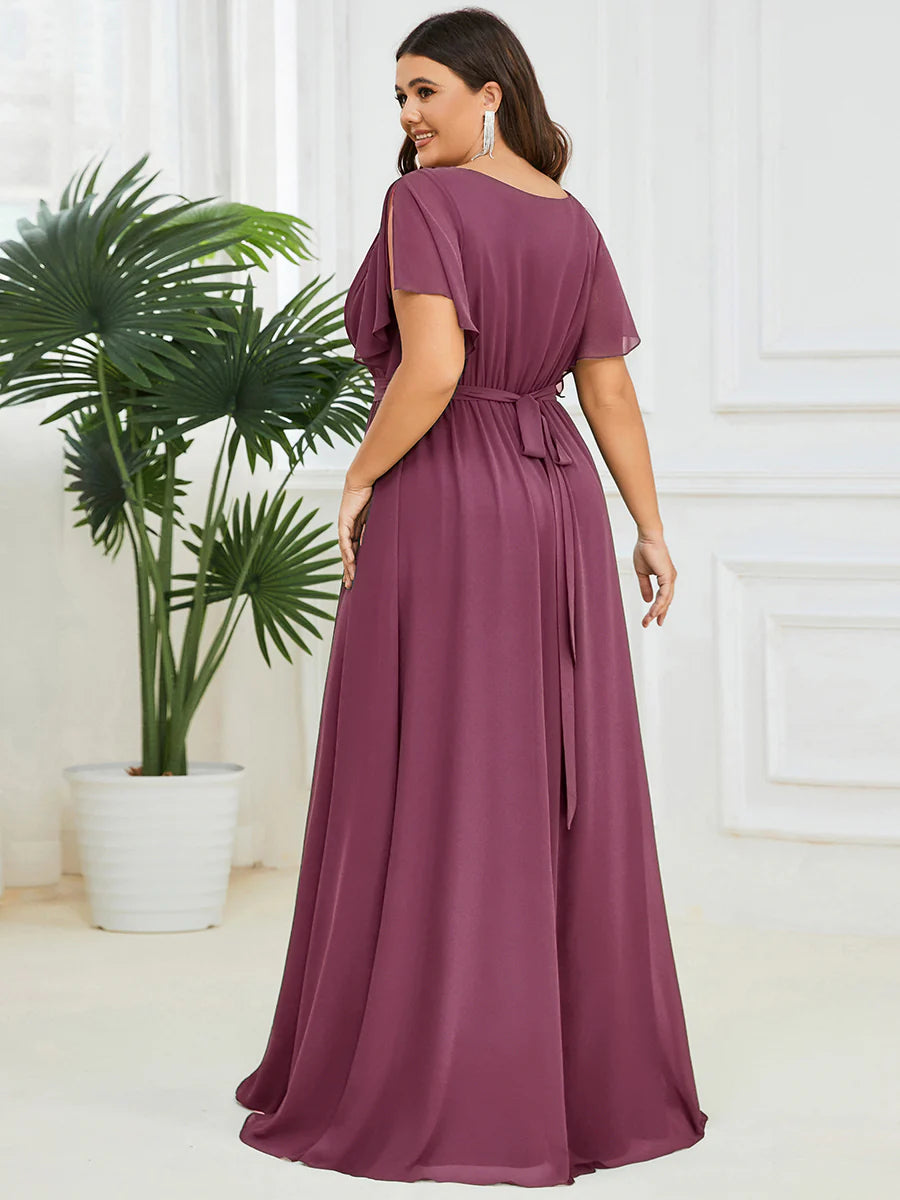 Short Sleeve Ruffle Deep V-Neck A-Line Floor Length Evening Dresses