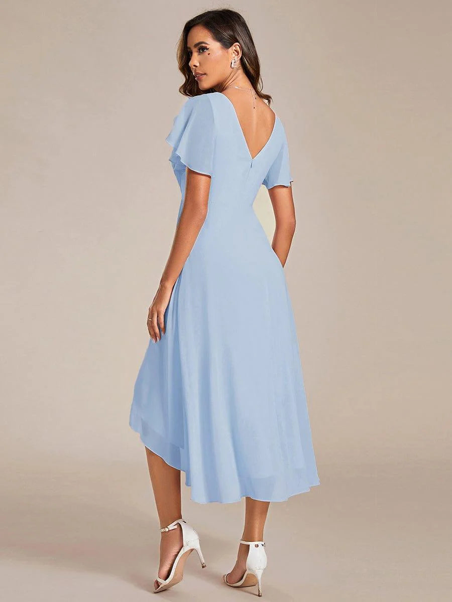 Chic V Neck High-Low Short Sleeve Wedding Guest Dress