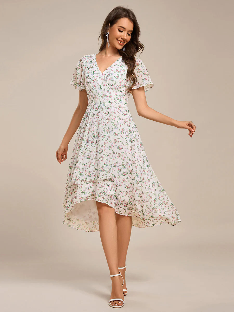 Short Sleeve Ruffled V-Neck Pleated Asymmetrical Midi Wedding Guest Dresses
