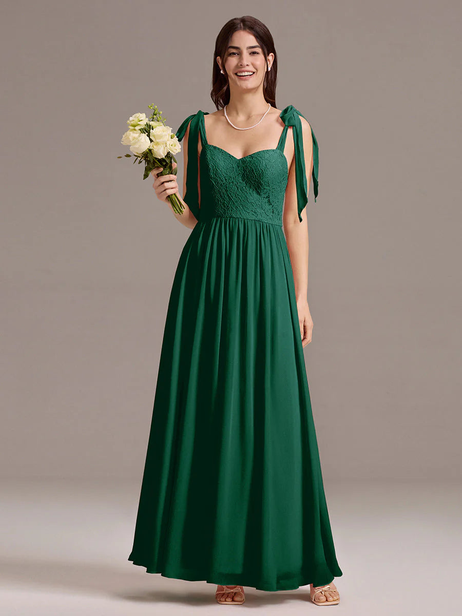 Chiffon Sweetheart Neck Bow Tie Backless A-Line Lace Bridesmaid Dress