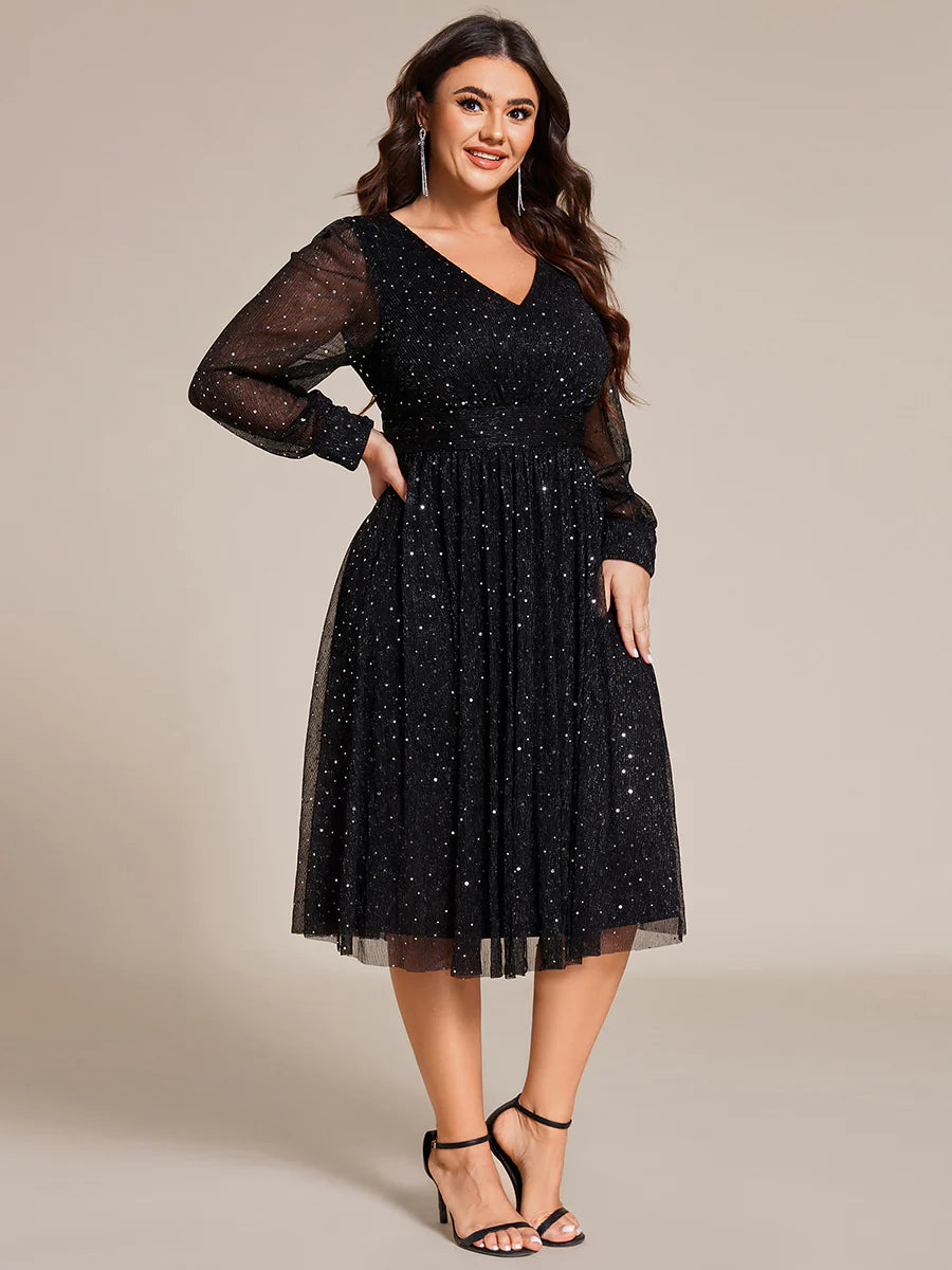 Plus Size Elegant Long Lantern Sleeve Midi Length Sequin Tulle Dresses with Shimmer Decoration