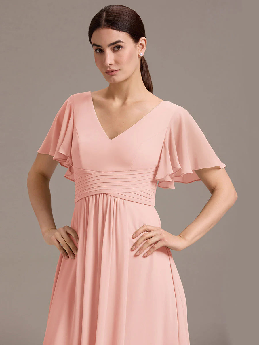 Wholesale | Customizable Double V-Neck Ruffled-Sleeve A-Line Chiffon Dress