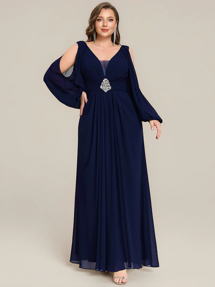 Volume Discounts Long Sleeve Lantern Sleeve A-Line Floor Length V-Neck Wedding Guest Dresses