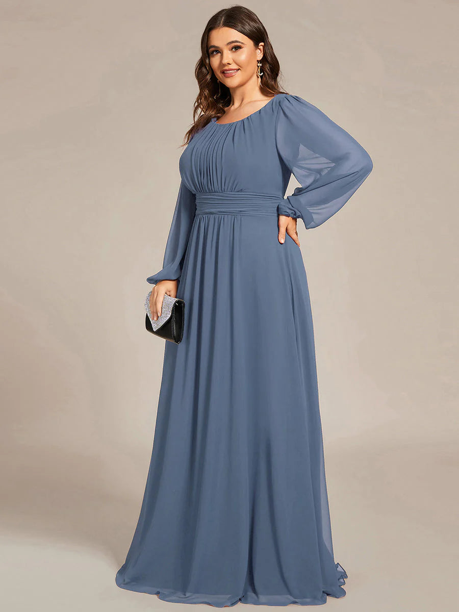 Plus Size Round Neck Wholesale Bridesmaid Dresses with Long Lantern Sleeves