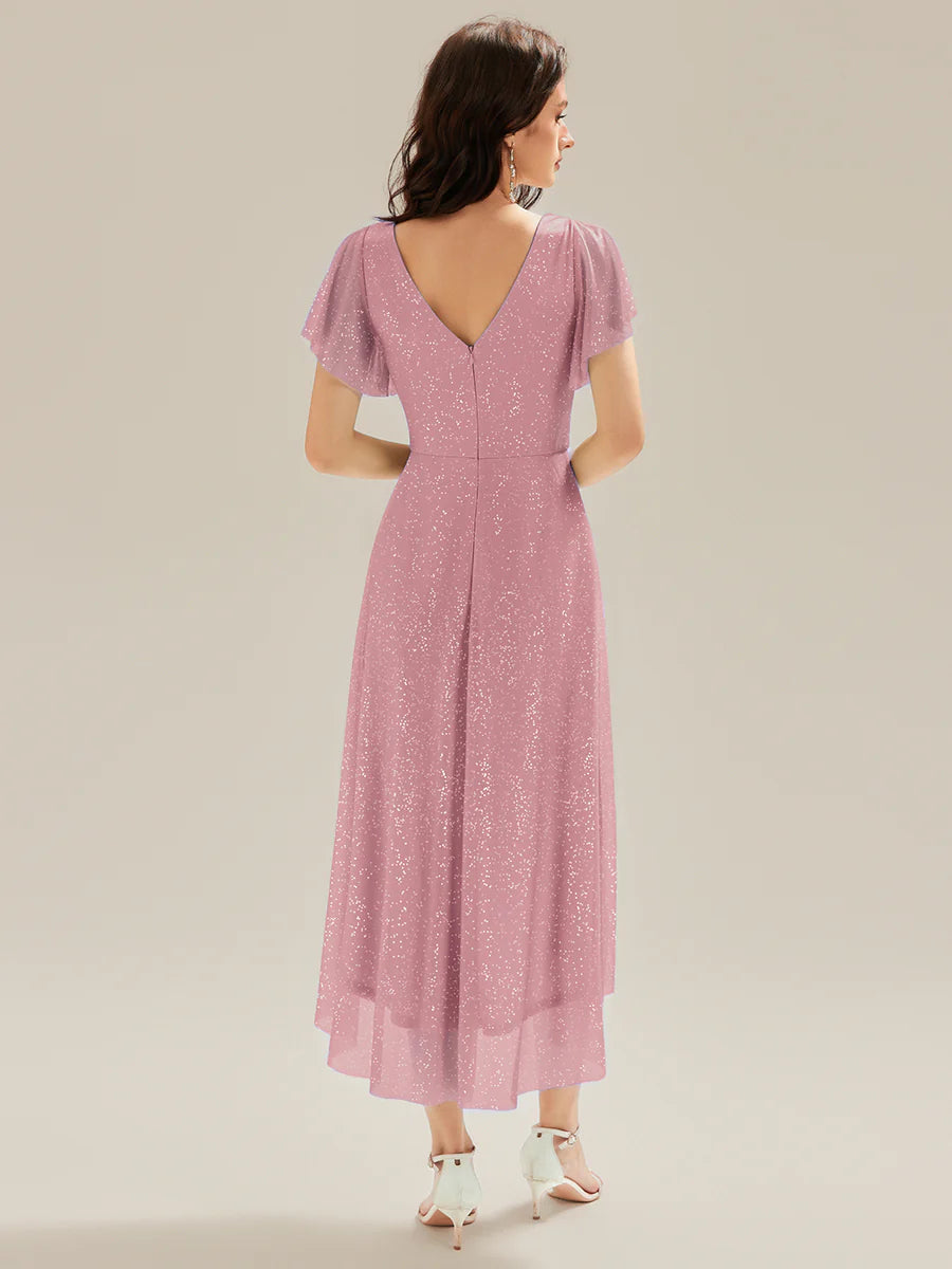 Short Sleeve Ruffle V-Neck Pleated Glitter A-Line High-Low Wedding Guest Dresses