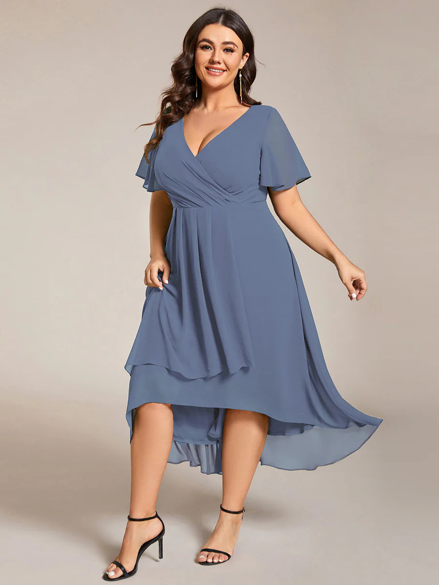 Plus V-Neck Midi Chiffon Wedding Guest Dresses with Ruffles Sleeve