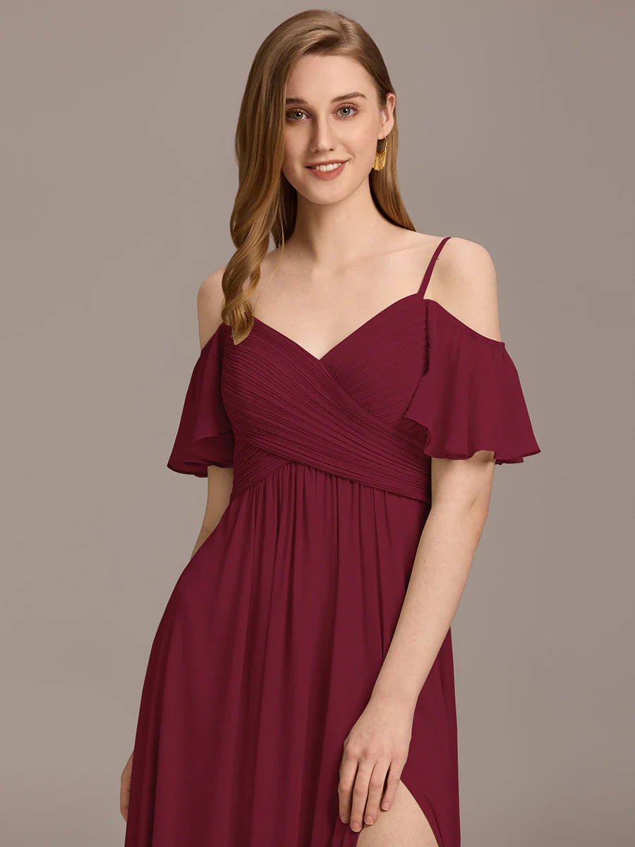 Short Sleeve Off Shoulder Pleated A-Line Split Floor-Length Bridesmaid Dresses