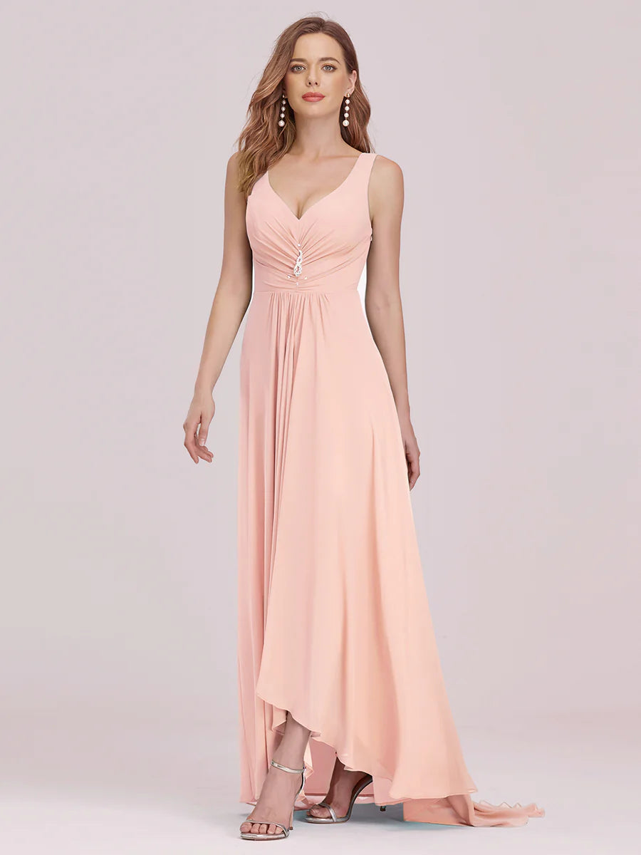 Double V Neck Rhinestones Ruched Bust High Low Evening Dresses