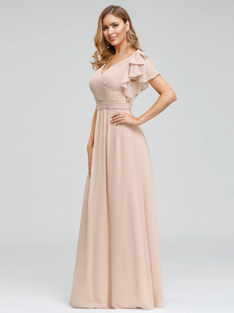 Maxi Long Chiffon Wholesale Evening Dress With Ruffles Sleeves