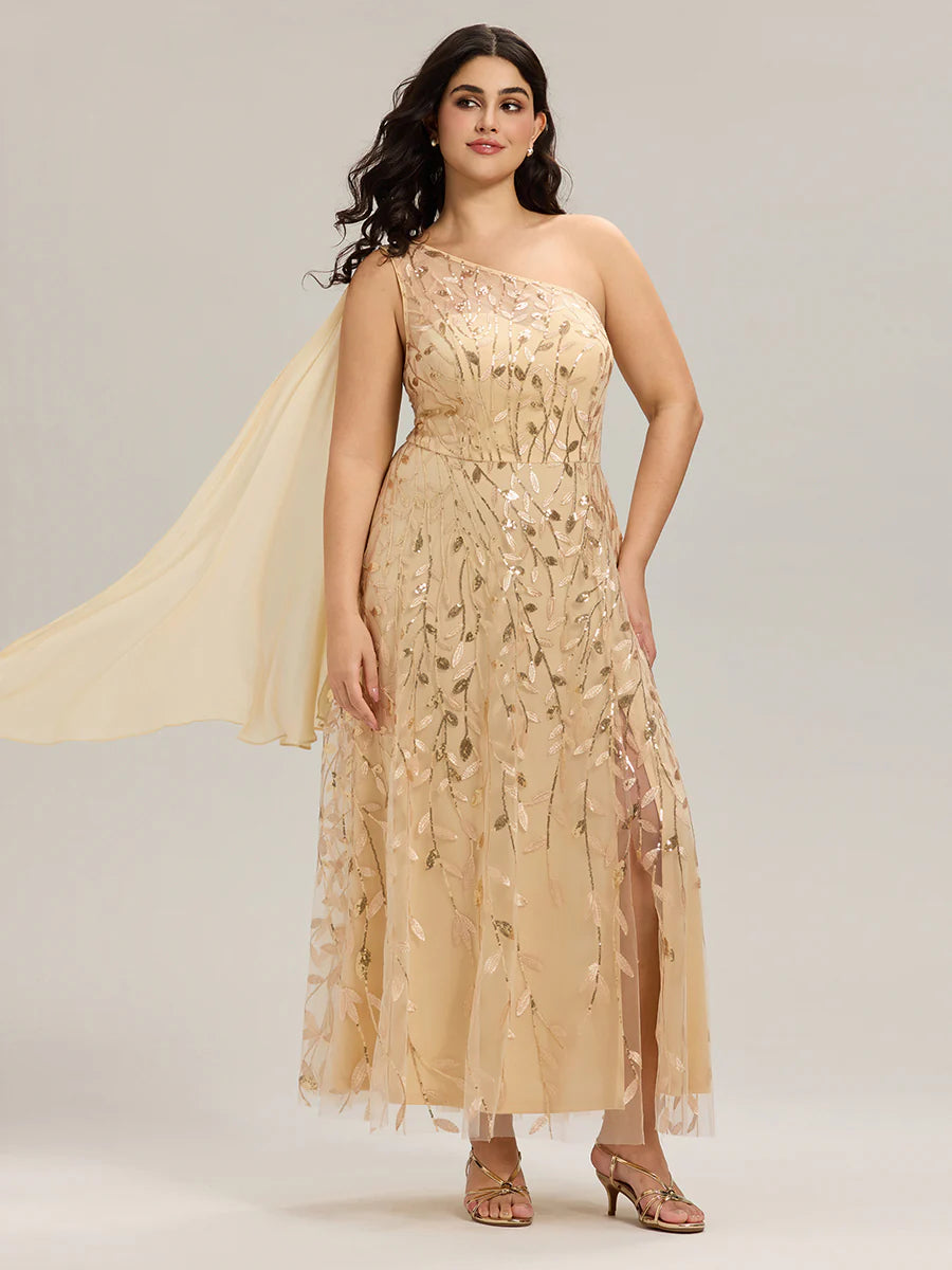 One Shoulder Sleeveless Sequin A-Line Maxi Wedding Guest Dress