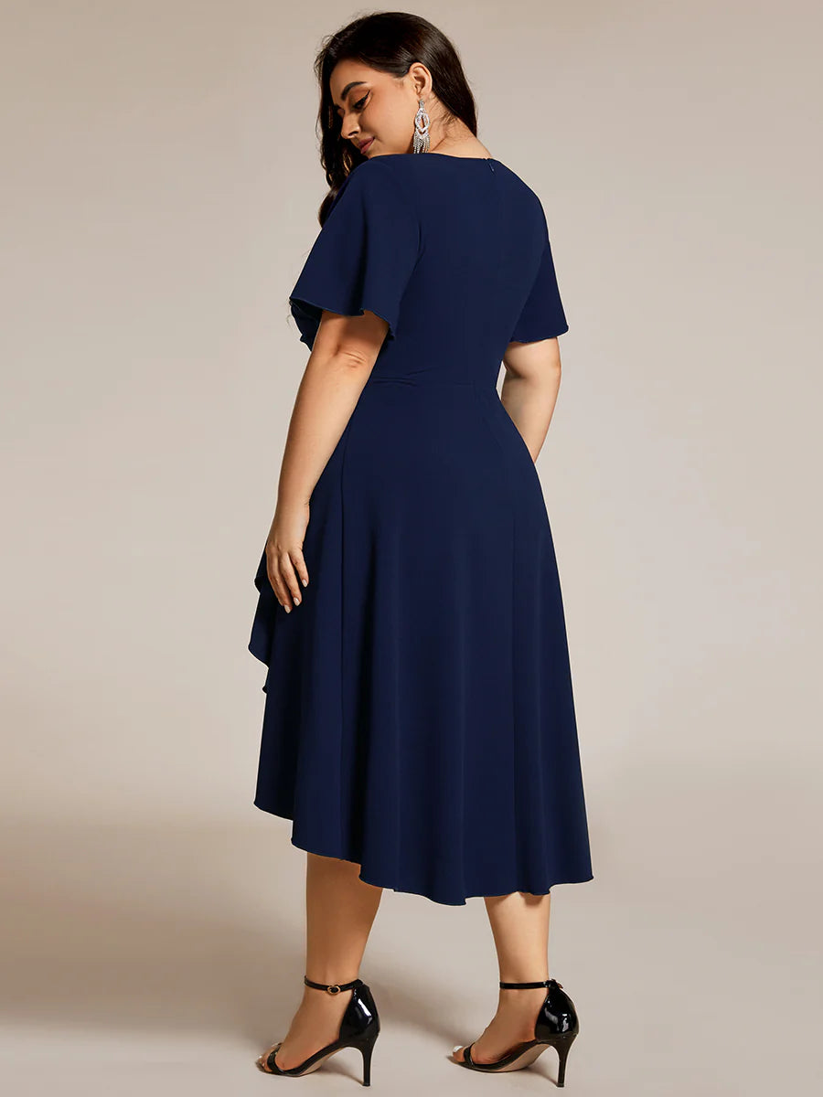 Plus Size Elegant Midi Length ruffles sleeve Twisted Wedding Guest Dresses with Regular Fold Stream