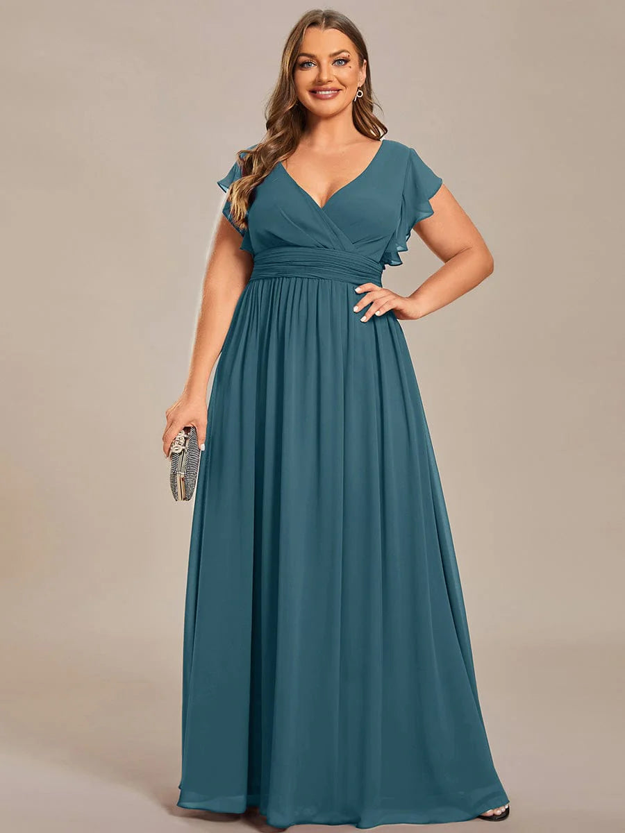 Ever LILYANA|Floral V-Neck Open Back Ruffled Sleeves Chiffon Bridesmaid Dress