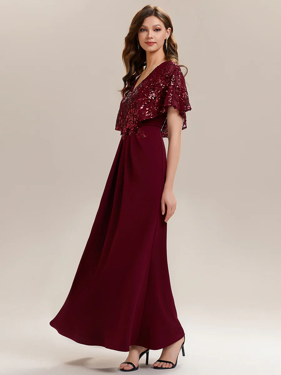 Bulk Order Short Sleeve Sequin Fishtail V-Neck Floor Length Evening Dresses