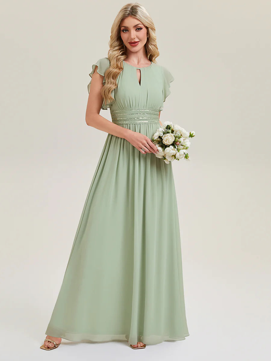 Short Sleeve Ruffled Ruched Backless A-Line Floor Length Bridesmaid Dresses
