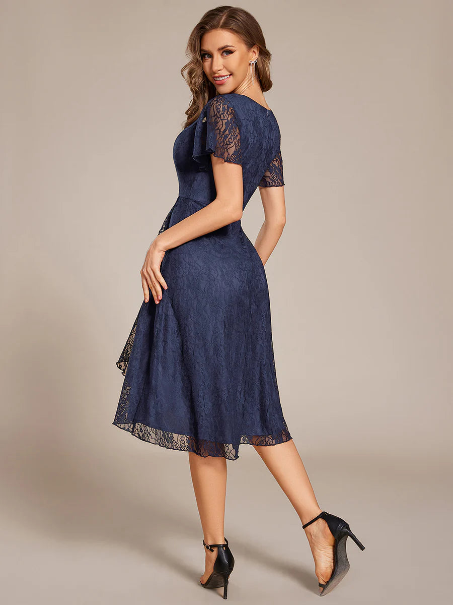 Short Sleeve Ruffled V-Neck A-Line Midi Wedding Guest Dress