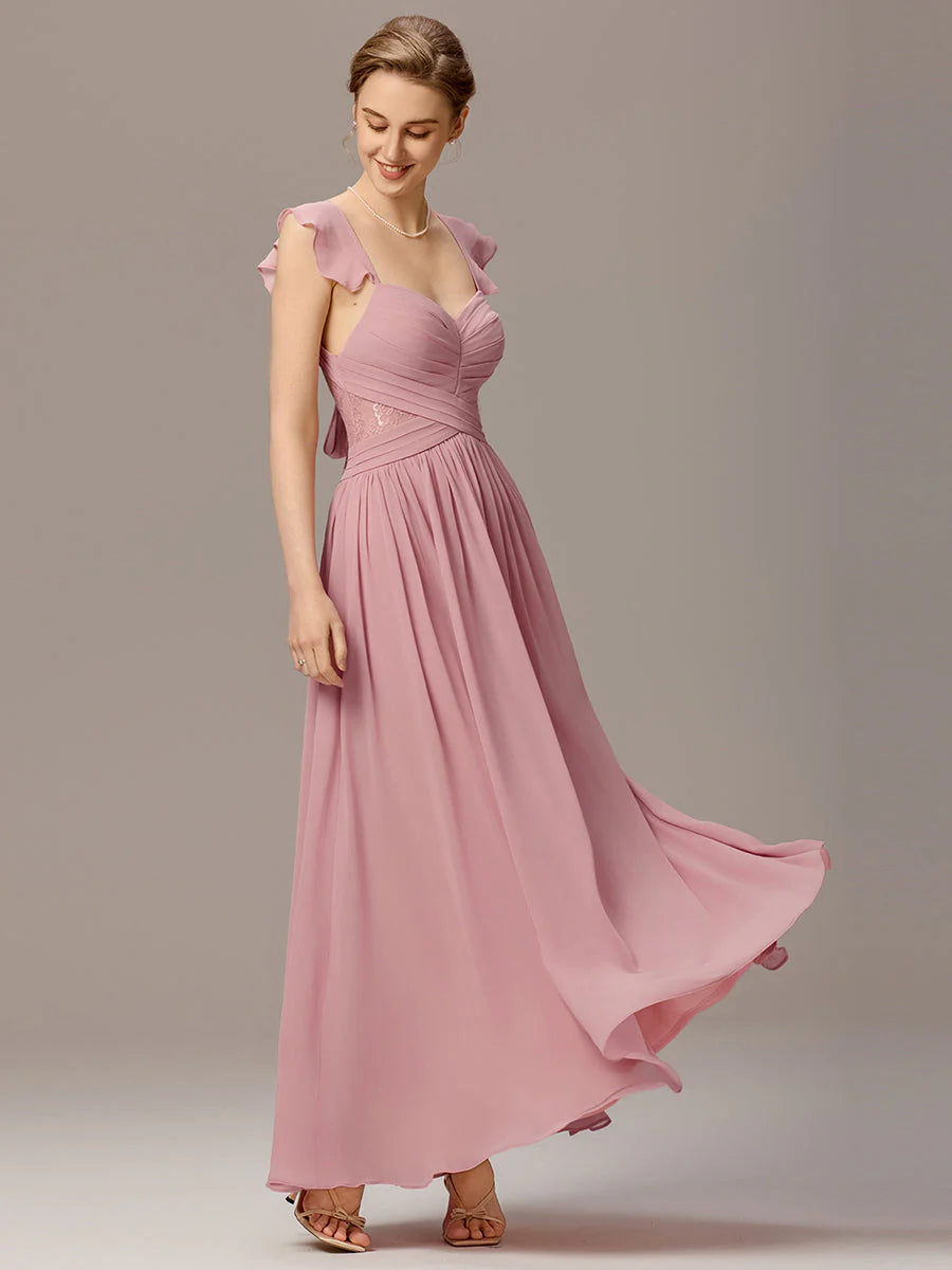 Wholesale Custom Made Back-Tie Pleated Ruffles Sleeves Bridesmaid Dress