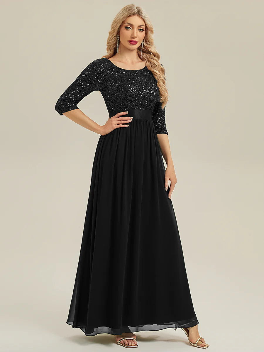 3/4 Sleeve Sequin Patchwork A-Line Floor Length Evening Dresses