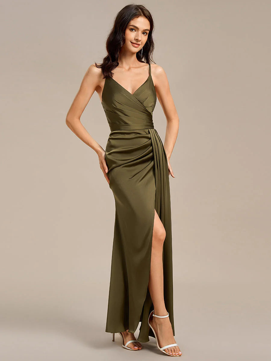 Custom Solutions Short Sleeve V-Neck Backless Mermaid Midi Bridesmaid Dresses